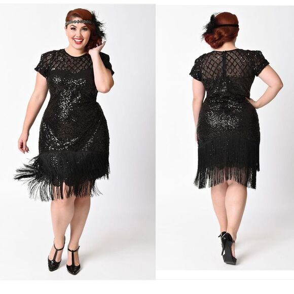 Unique Vintage Dresses & Skirts - Unique Vintage 1920s Black Sequin Fringe Del Mar Flapper Dress NWT 1x/16
